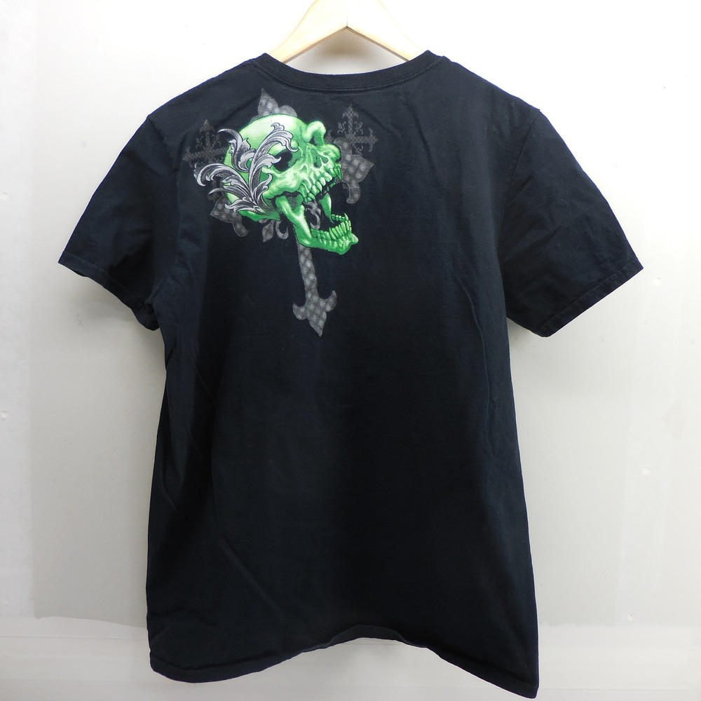 Vintage MMA Elite Green Skulls Shirt Black Mens Medium Y2K Grunge Cross Graphic
